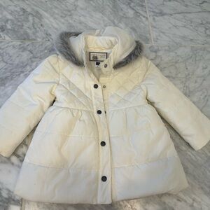 Janie and Jack Cream Quilted Jacket with Gray Fur Trim